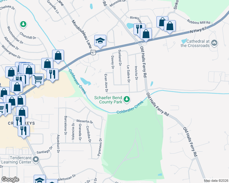 map of restaurants, bars, coffee shops, grocery stores, and more near 3890 Cordin Drive in Florissant