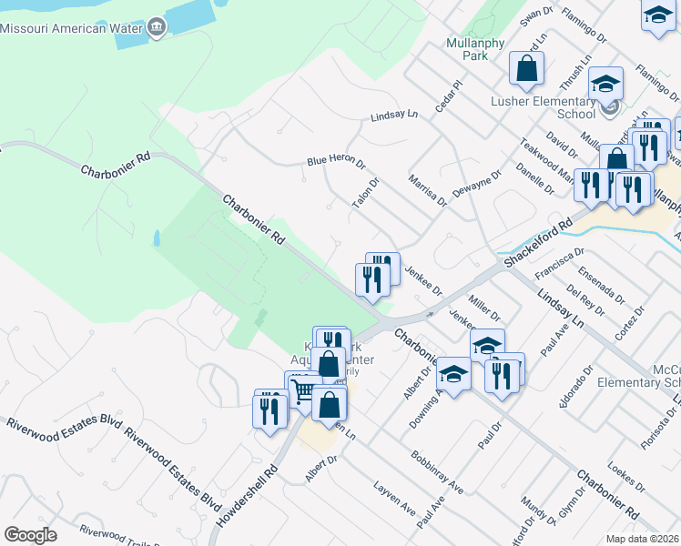 map of restaurants, bars, coffee shops, grocery stores, and more near 541 Park Side Estates Court in Florissant