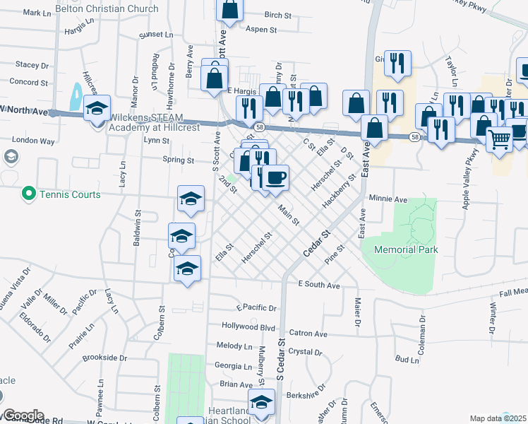 map of restaurants, bars, coffee shops, grocery stores, and more near in Belton