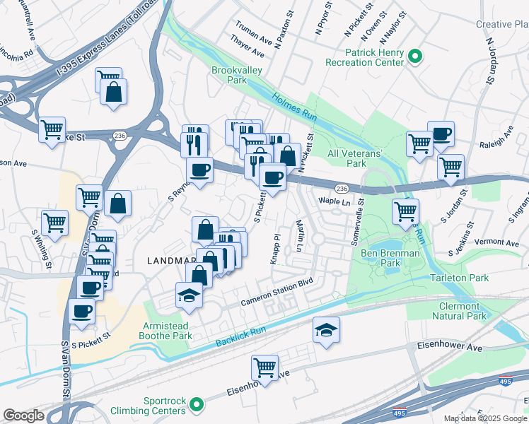 map of restaurants, bars, coffee shops, grocery stores, and more near 104 South Pickett Street in Alexandria