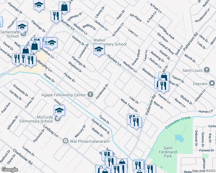 map of restaurants, bars, coffee shops, grocery stores, and more near 1760 Fernbrook Drive in Florissant