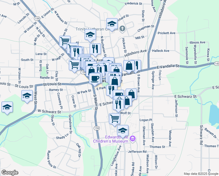 map of restaurants, bars, coffee shops, grocery stores, and more near in Edwardsville