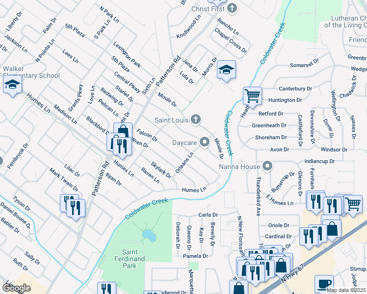 map of restaurants, bars, coffee shops, grocery stores, and more near Patterson Lane in Florissant
