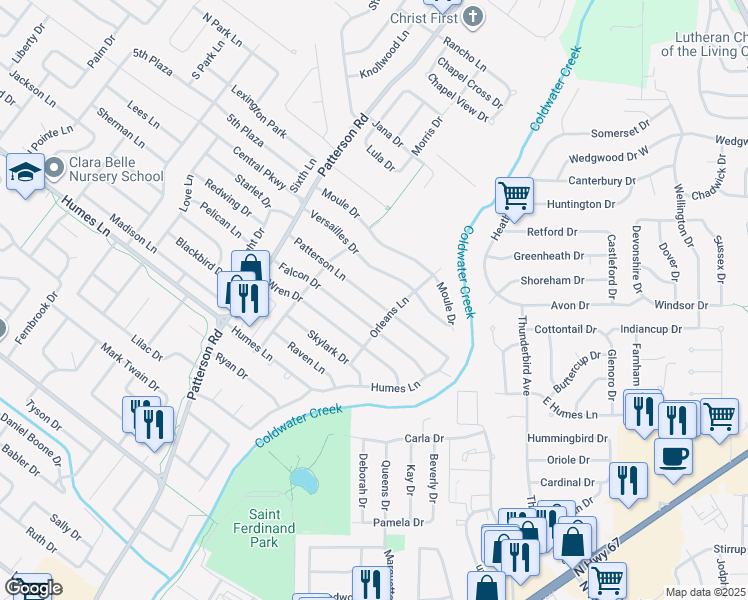 map of restaurants, bars, coffee shops, grocery stores, and more near Patterson Lane in Florissant