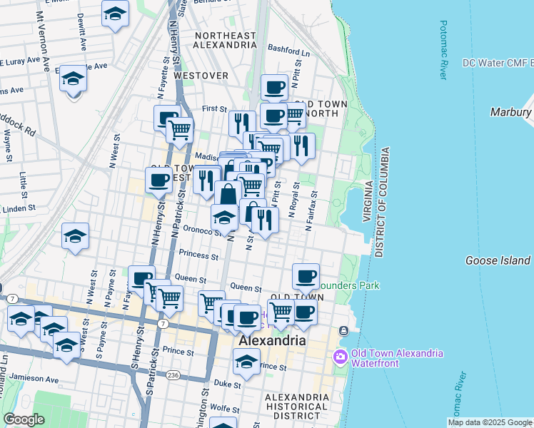 map of restaurants, bars, coffee shops, grocery stores, and more near 507 Pendleton Street in Alexandria