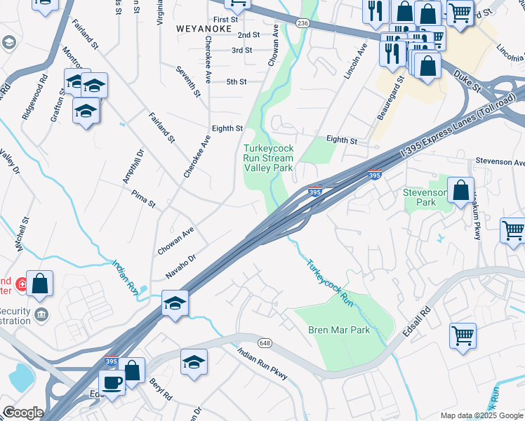 map of restaurants, bars, coffee shops, grocery stores, and more near 5213 Yuma Court in Alexandria