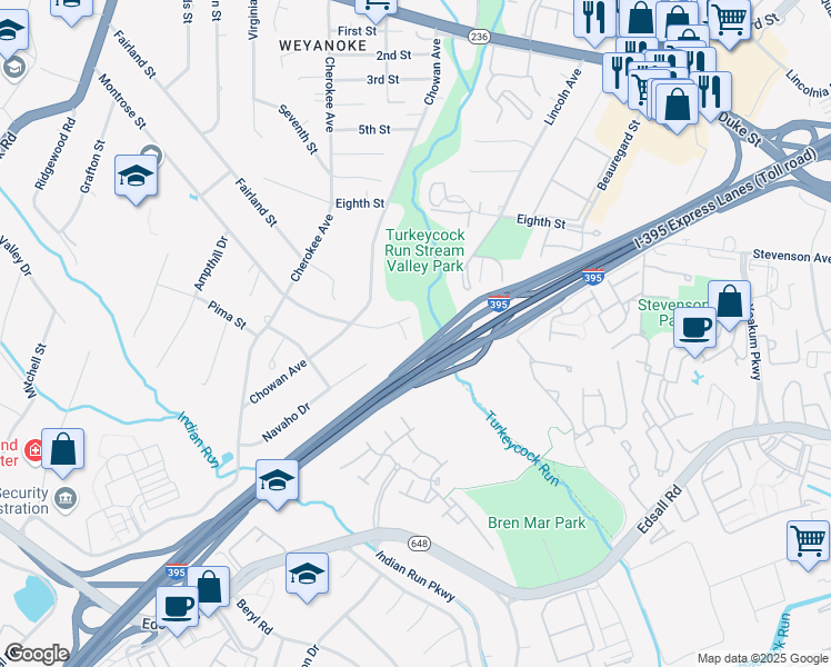map of restaurants, bars, coffee shops, grocery stores, and more near 5213 Yuma Court in Alexandria