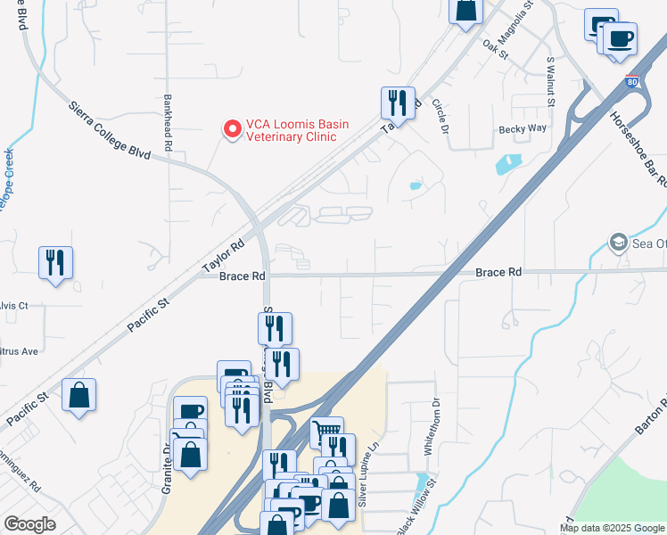 map of restaurants, bars, coffee shops, grocery stores, and more near 5397 Brace Road in Loomis