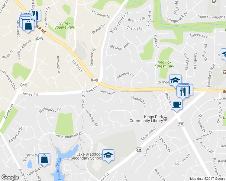 map of restaurants, bars, coffee shops, grocery stores, and more near 5200 Bradfield Drive in Burke