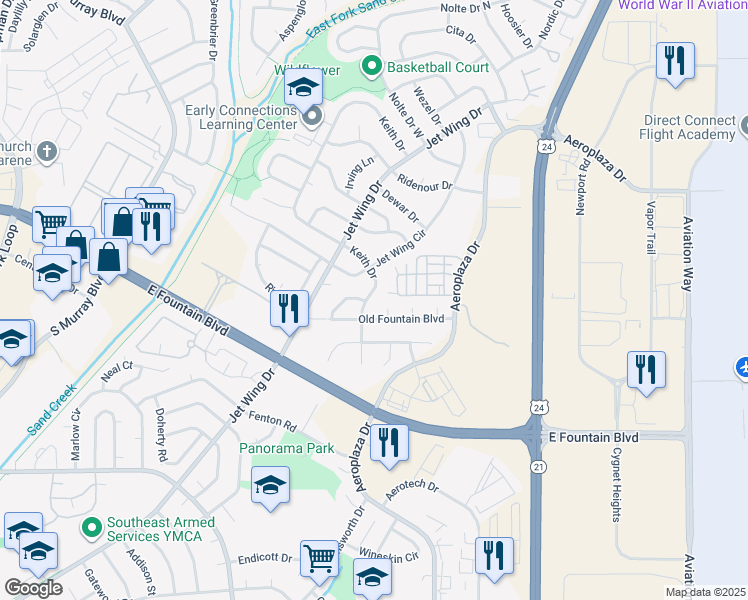map of restaurants, bars, coffee shops, grocery stores, and more near 1490 Keith Drive in Colorado Springs