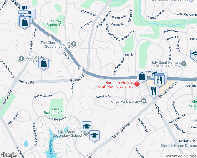 map of restaurants, bars, coffee shops, grocery stores, and more near 5200 Bradfield Drive in Burke