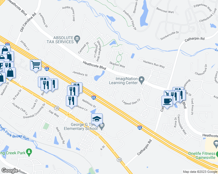 map of restaurants, bars, coffee shops, grocery stores, and more near 14530 Kylewood Way in Gainesville