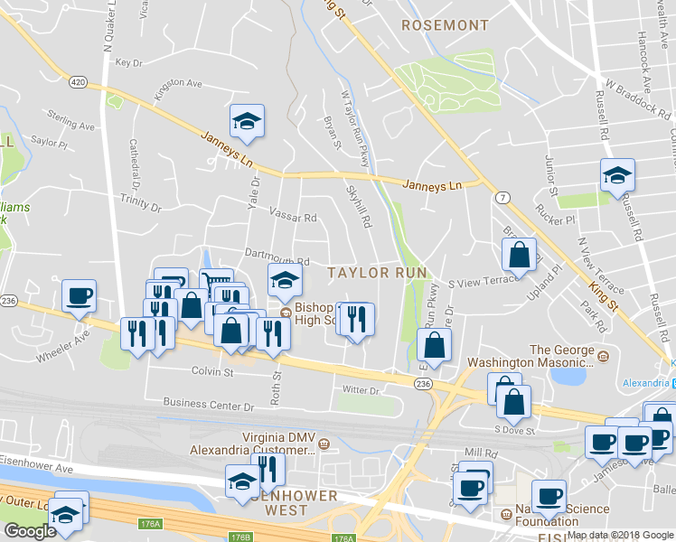 map of restaurants, bars, coffee shops, grocery stores, and more near 209 Vassar Place in Alexandria