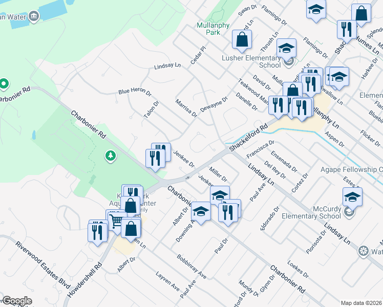 map of restaurants, bars, coffee shops, grocery stores, and more near 1649 Cobblestone Creek Drive in Florissant