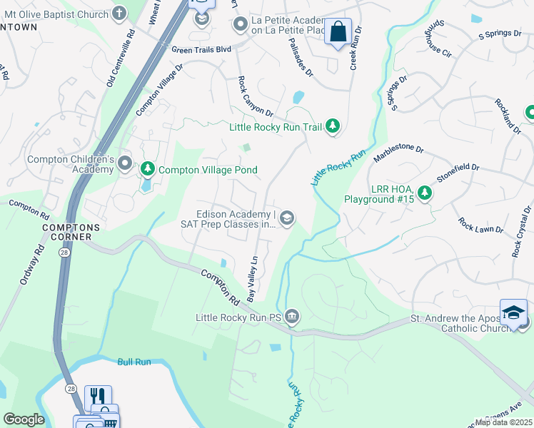 map of restaurants, bars, coffee shops, grocery stores, and more near 14000 Compton Valley Way in Centreville