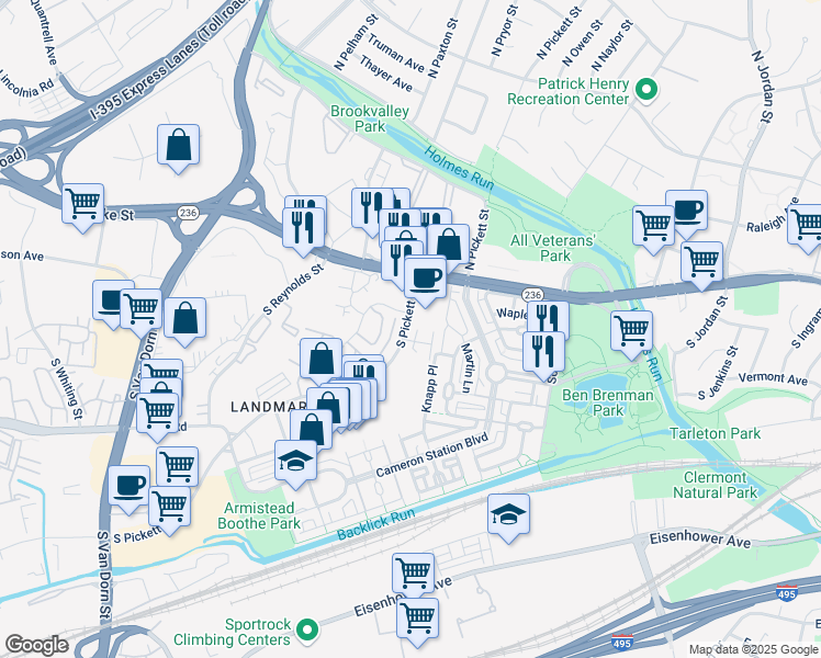 map of restaurants, bars, coffee shops, grocery stores, and more near 102 South Pickett Street in Alexandria