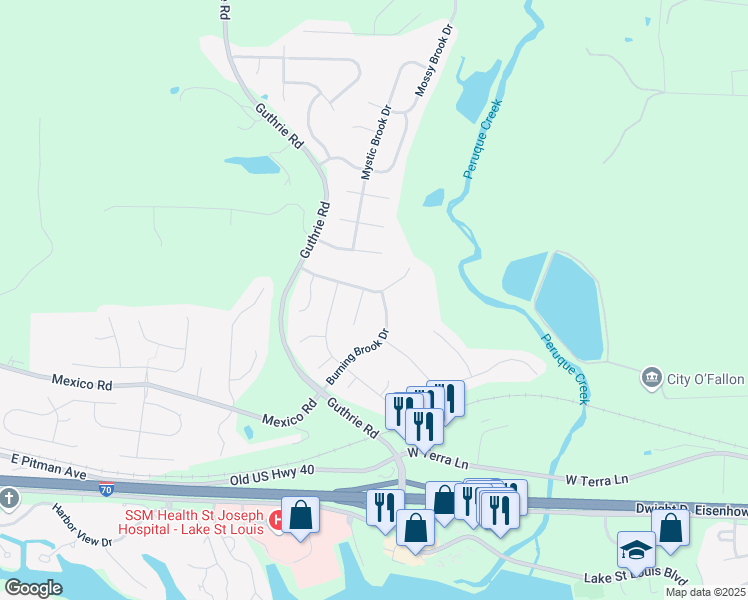 map of restaurants, bars, coffee shops, grocery stores, and more near 144 Brushy Brook Drive in O'Fallon