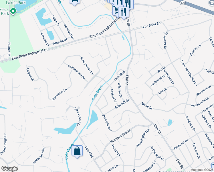 map of restaurants, bars, coffee shops, grocery stores, and more near 201 Cole Boulevard in Saint Charles