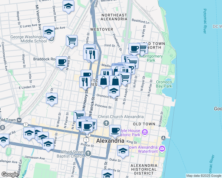 map of restaurants, bars, coffee shops, grocery stores, and more near 535 North Columbus Street in Alexandria