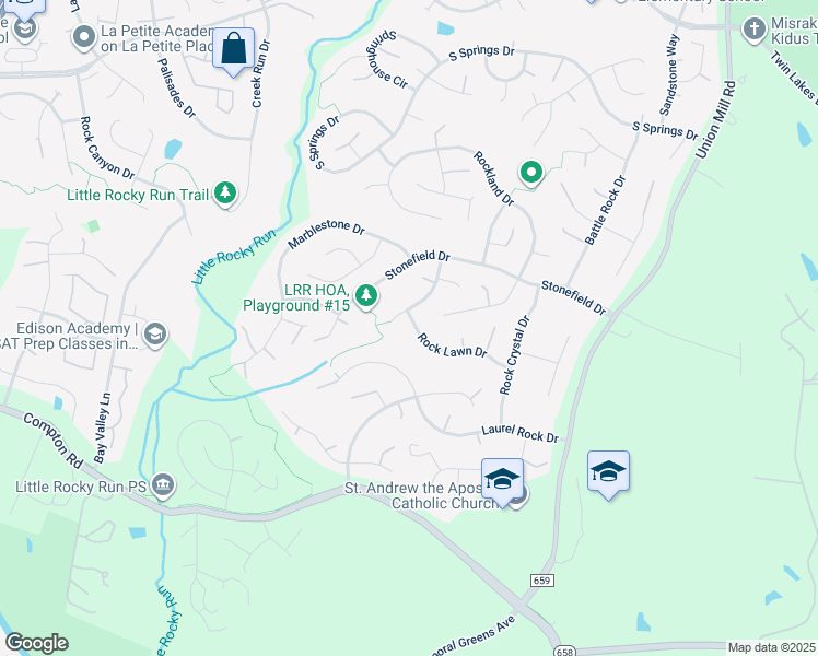 map of restaurants, bars, coffee shops, grocery stores, and more near 6604 Rock Lawn Drive in Clifton