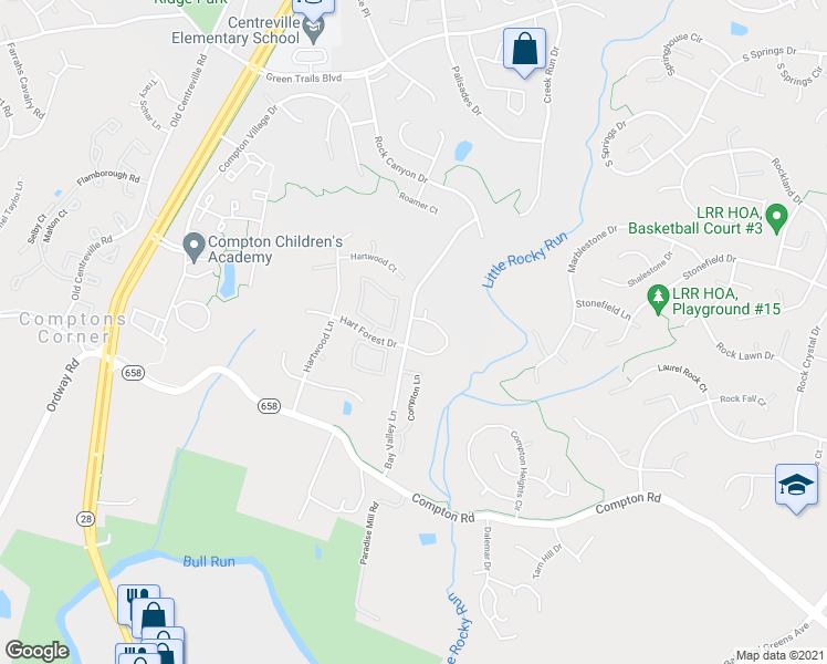 map of restaurants, bars, coffee shops, grocery stores, and more near 14000 Compton Valley Way in Centreville