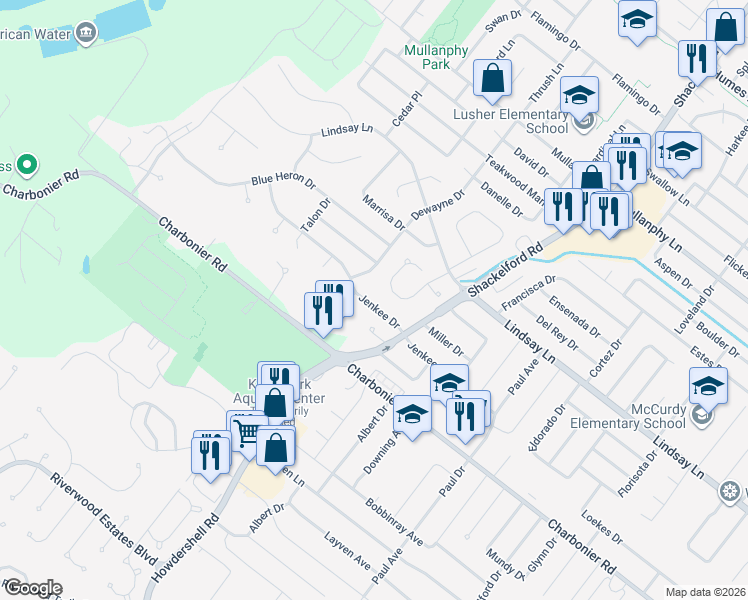 map of restaurants, bars, coffee shops, grocery stores, and more near 1649 Cobblestone Creek Drive in Florissant