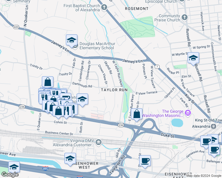 map of restaurants, bars, coffee shops, grocery stores, and more near 2800 Dartmouth Road in Alexandria