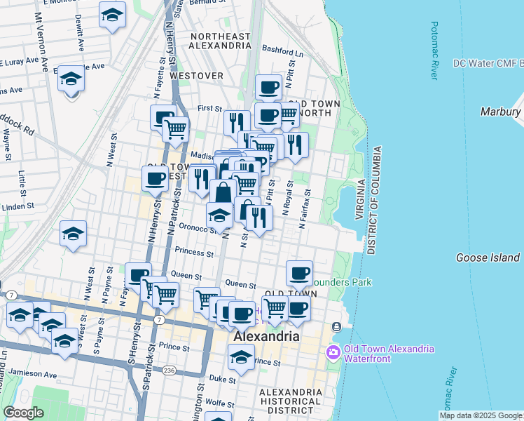 map of restaurants, bars, coffee shops, grocery stores, and more near 507 Pendleton Street in Alexandria