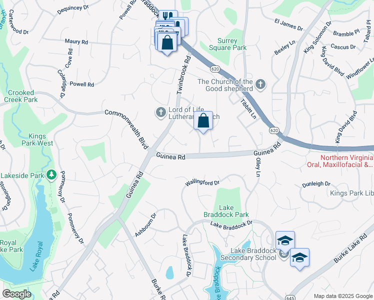 map of restaurants, bars, coffee shops, grocery stores, and more near 9573 Pine Meadows Lane in Burke