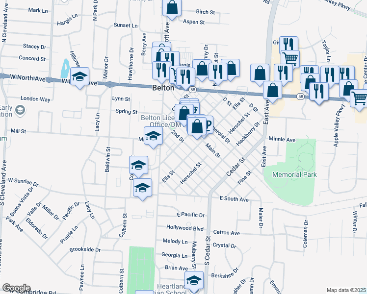 map of restaurants, bars, coffee shops, grocery stores, and more near 611 2nd Street in Belton
