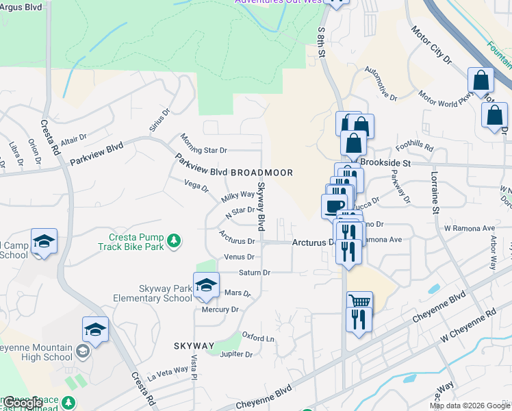 map of restaurants, bars, coffee shops, grocery stores, and more near 1005 Milky Way in Colorado Springs