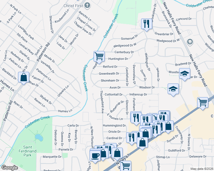 map of restaurants, bars, coffee shops, grocery stores, and more near 2012 Shoreham Drive in Florissant