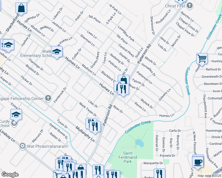map of restaurants, bars, coffee shops, grocery stores, and more near 2055 Flight Drive in Florissant