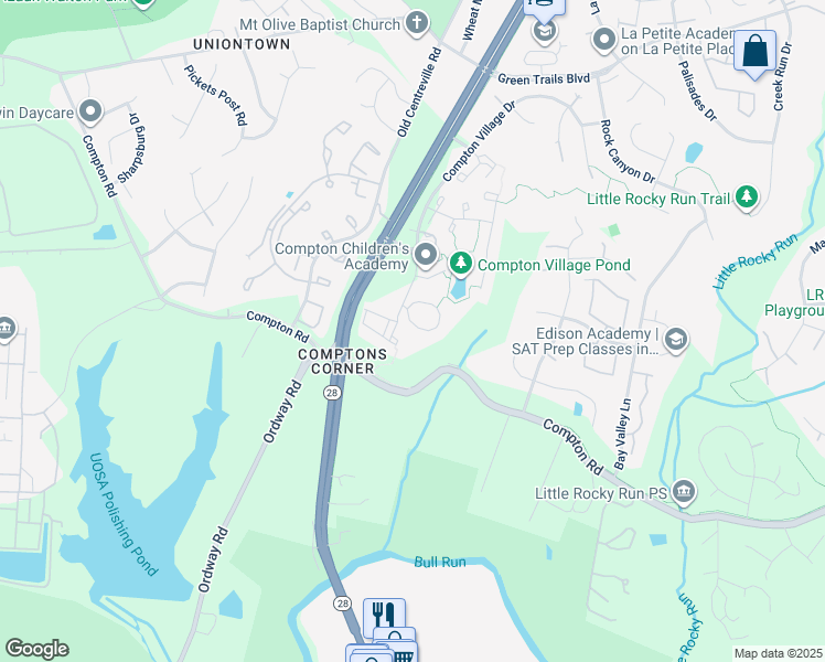map of restaurants, bars, coffee shops, grocery stores, and more near 14308 Stonewater Court in Centreville