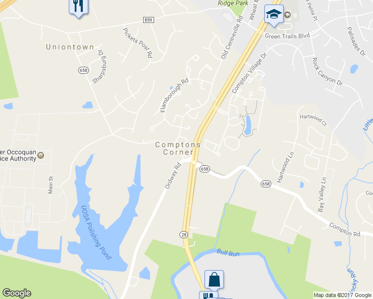 map of restaurants, bars, coffee shops, grocery stores, and more near 14505 Castleford Court in Centreville