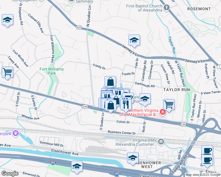 map of restaurants, bars, coffee shops, grocery stores, and more near 1227 Quaker Hill Drive in Alexandria