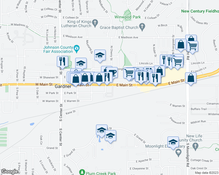 map of restaurants, bars, coffee shops, grocery stores, and more near 415 East Main Street in Gardner