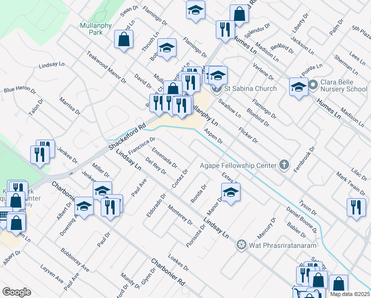 map of restaurants, bars, coffee shops, grocery stores, and more near 1575 Estes Drive in Florissant