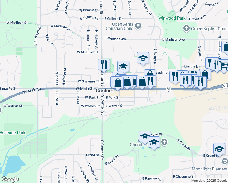 map of restaurants, bars, coffee shops, grocery stores, and more near 131 East Main Street in Gardner