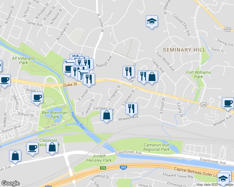 map of restaurants, bars, coffee shops, grocery stores, and more near 24 South Ingram Street in Alexandria