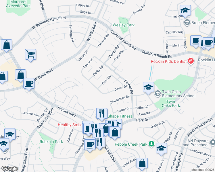 map of restaurants, bars, coffee shops, grocery stores, and more near 2706 Devon Court in Rocklin