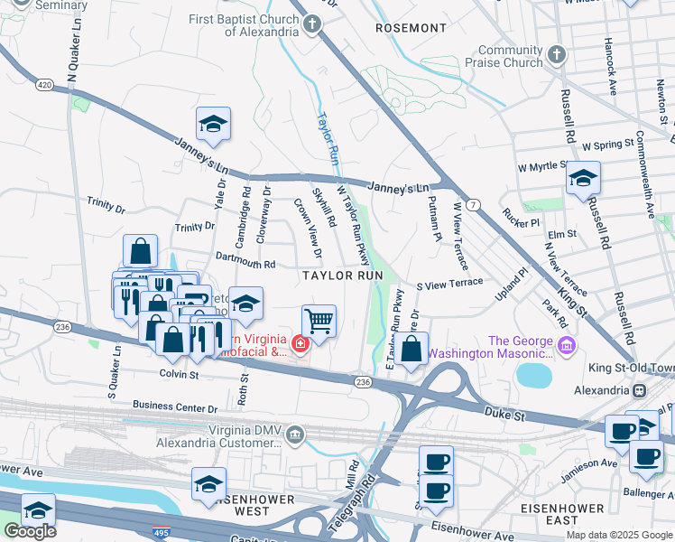 map of restaurants, bars, coffee shops, grocery stores, and more near 2800 Dartmouth Road in Alexandria