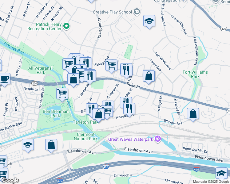 map of restaurants, bars, coffee shops, grocery stores, and more near 24 South Ingram Street in Alexandria