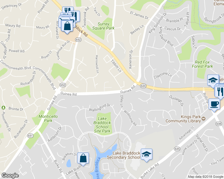 map of restaurants, bars, coffee shops, grocery stores, and more near 9403 Fairleigh Court in Burke