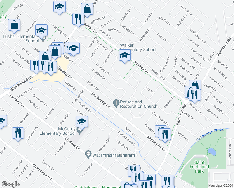 map of restaurants, bars, coffee shops, grocery stores, and more near 1120 Bluebird Drive in Florissant