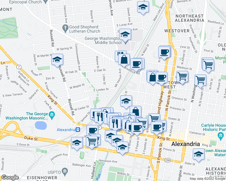 map of restaurants, bars, coffee shops, grocery stores, and more near 123 East Linden Street in Alexandria