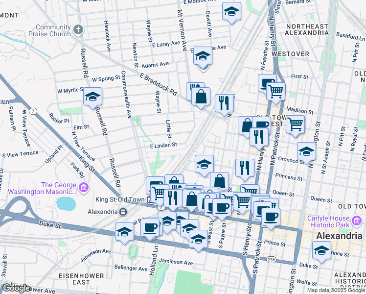 map of restaurants, bars, coffee shops, grocery stores, and more near 123 East Linden Street in Alexandria