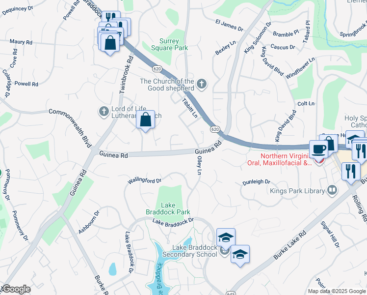 map of restaurants, bars, coffee shops, grocery stores, and more near 9403 Fairleigh Court in Burke