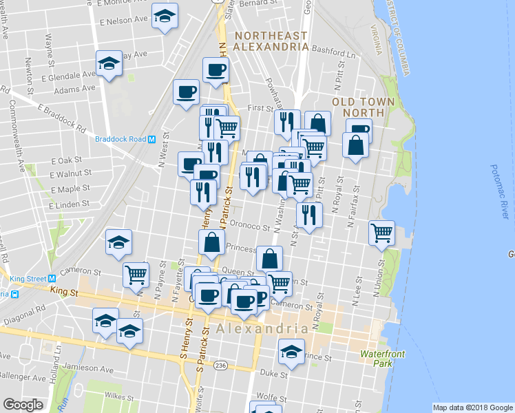 map of restaurants, bars, coffee shops, grocery stores, and more near 534 North Columbus Street in Alexandria