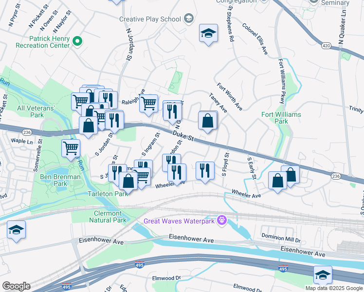 map of restaurants, bars, coffee shops, grocery stores, and more near 18 South Gordon Street in Alexandria